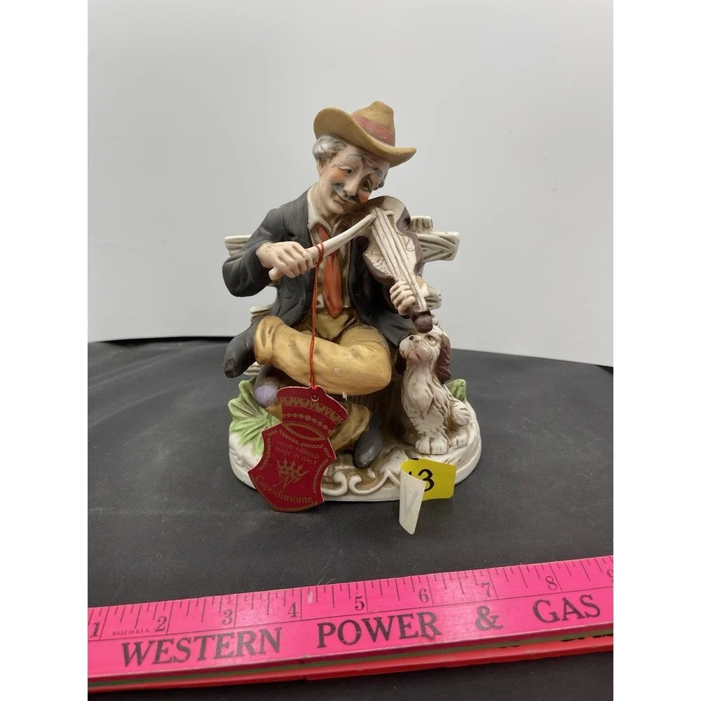 Old Man Sitting On Bench Play Violin With Dog Capodimonte Tag - Picture 1 of 10